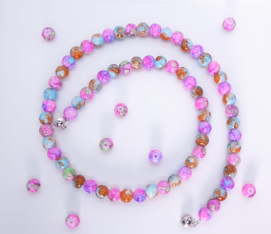 Bright Pink Glass Bead Necklace with Magnetic Clasp