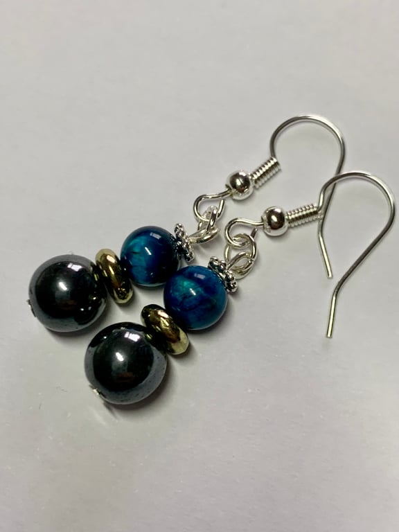 Blue Tiger Eye and Hematite Earrings