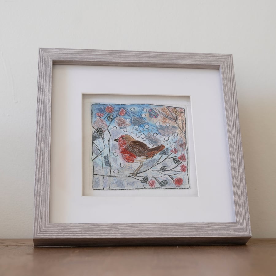 Framed Free Motion Robin Embroidery Textile Art 