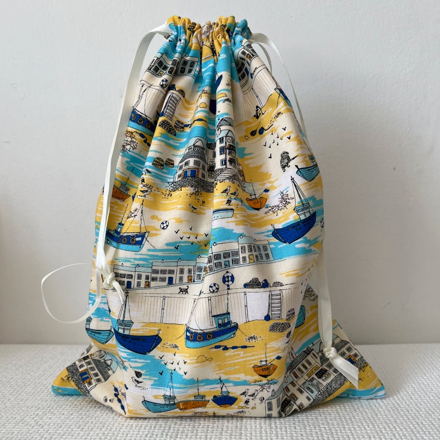 Fully Lined Coastal Print Drawstring Gift or Storage Bag