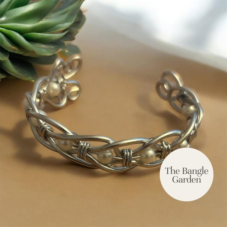 Wire wrapped silver & pearl bangle