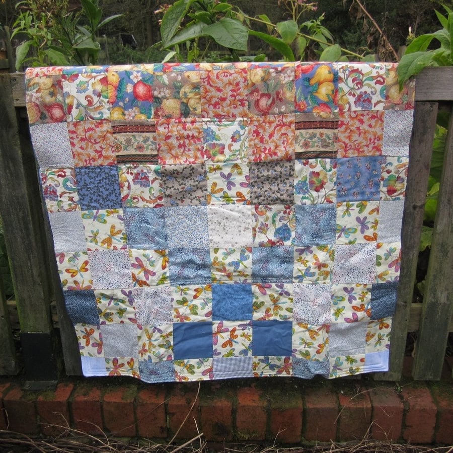 Garden Blue Brown Cotton Patchwork Lap Quilt
