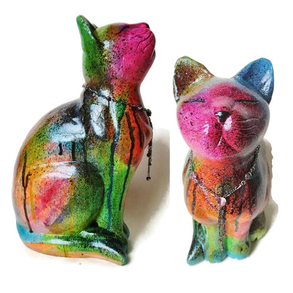Hand Painted Cat Statue Figure Colourful Wooden Graffiti Style Kitty Decor 