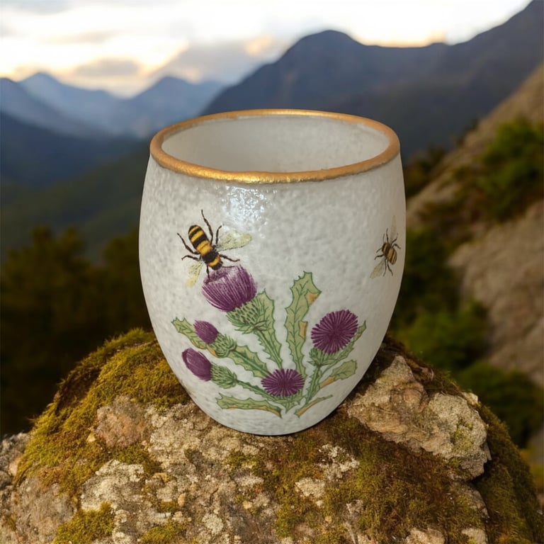 Glass Tealight Holder. Thistle Bee Decoration.