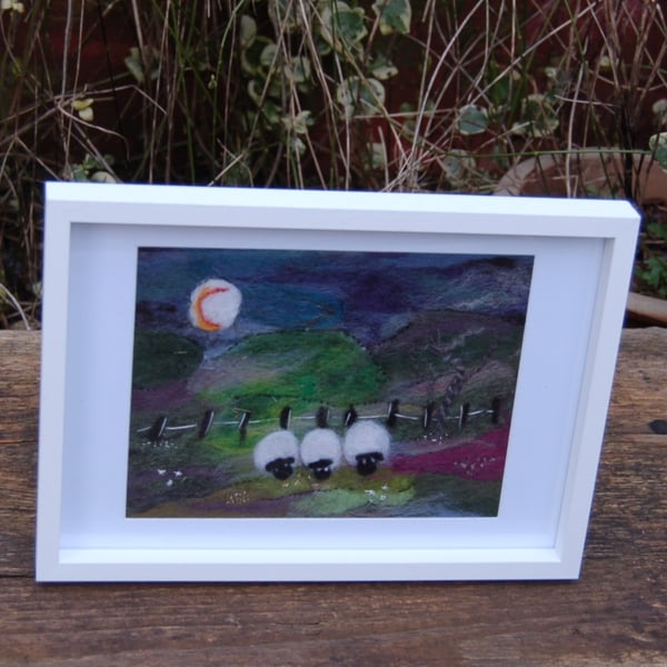 Textile art picture Sheep in the Moonlight -Yorkshire dales landscape 