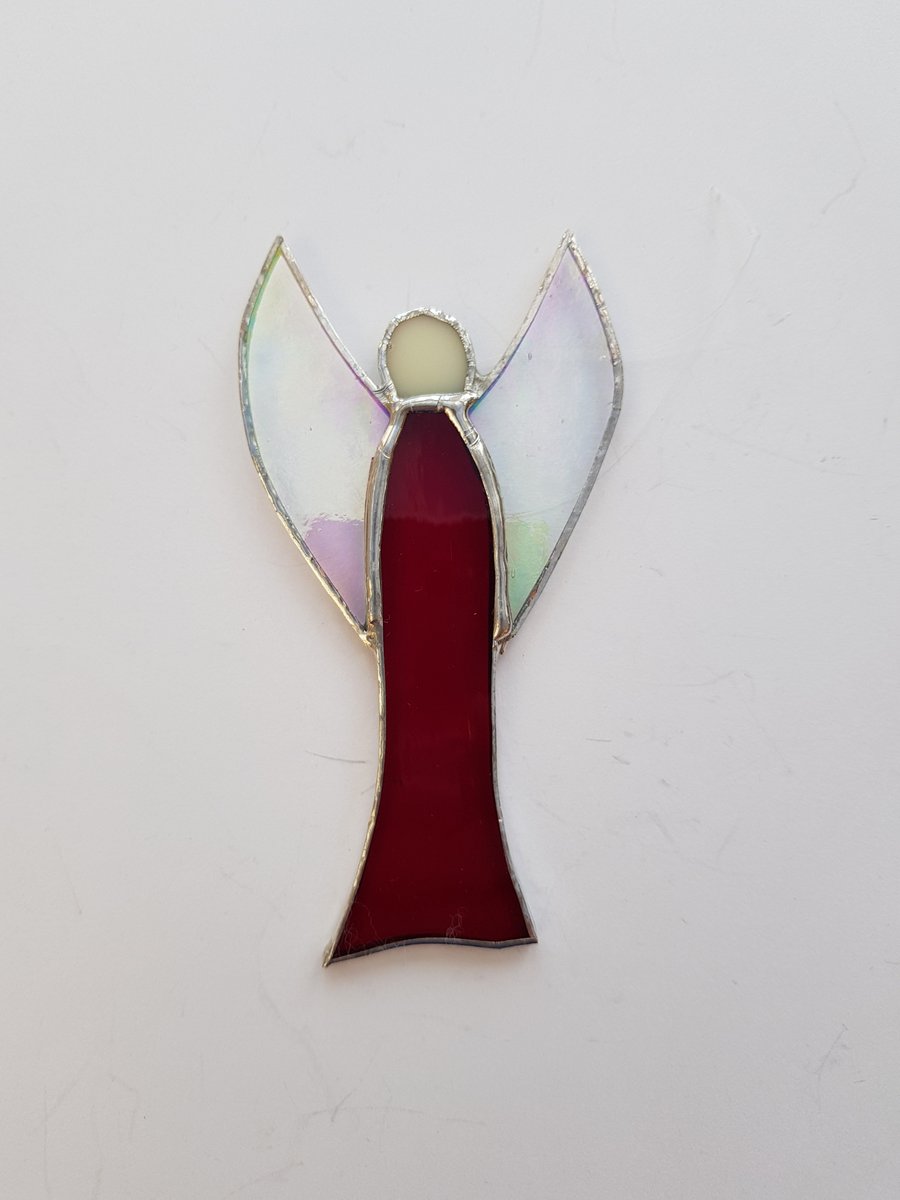 151 Stained Glass Red Medium Thin Angel - handmade hanging decoration.