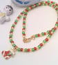Red Gold and Green Bead Necklace with Gold Plated Enamelled Christmas Charms - Image 2