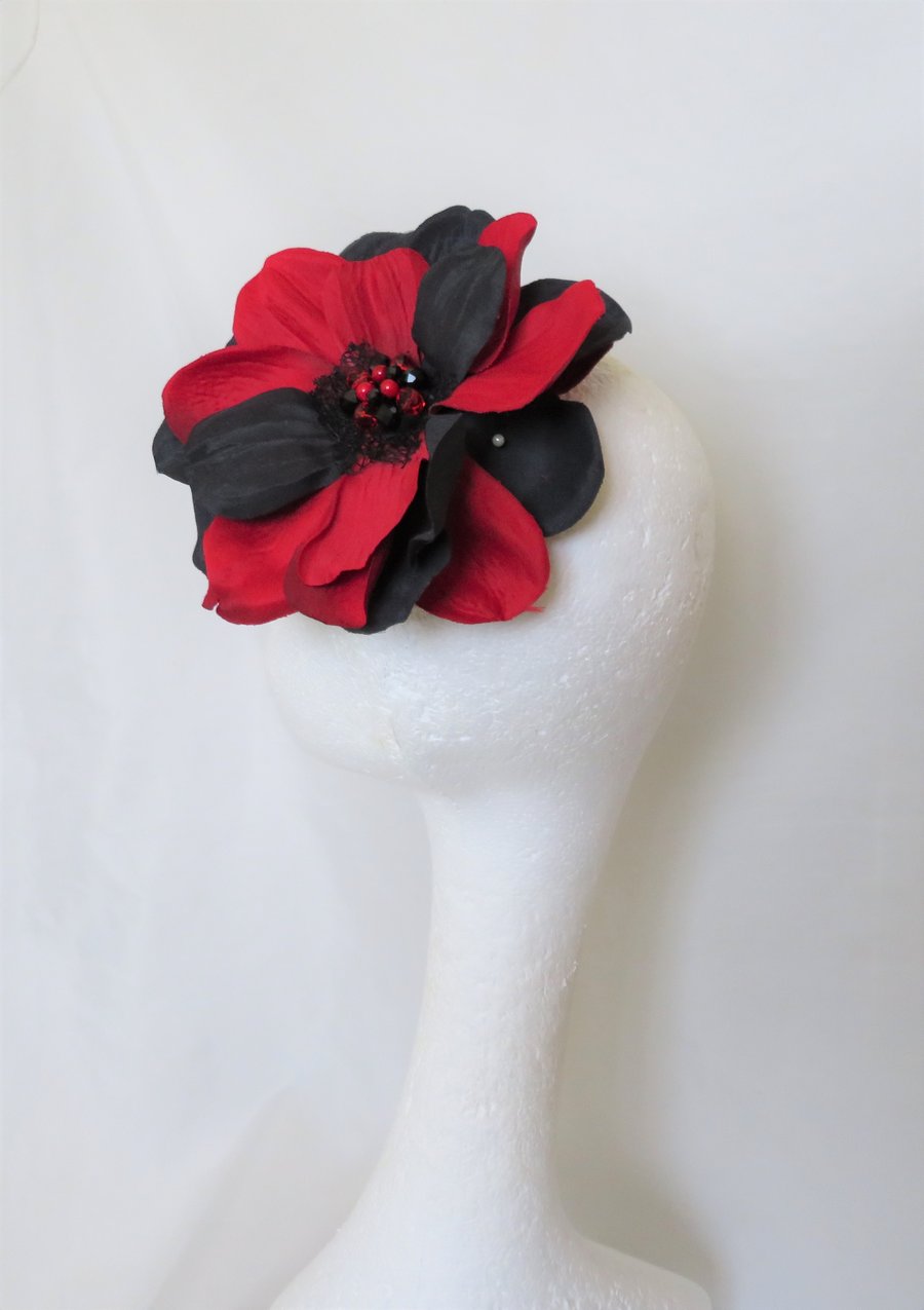 Ruby Red Black Harlequin Gothic Flower Hair Clip Fascinator Wedding Rockabilly
