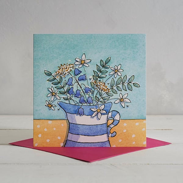 Stripey Flower jug with Daisies and Bluebells greetings Card
