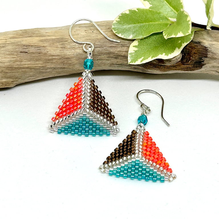 Orange, Bronze and Teal Beaded Triangle Earrings