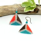 Orange, Bronze and Teal Beaded Triangle Earrings