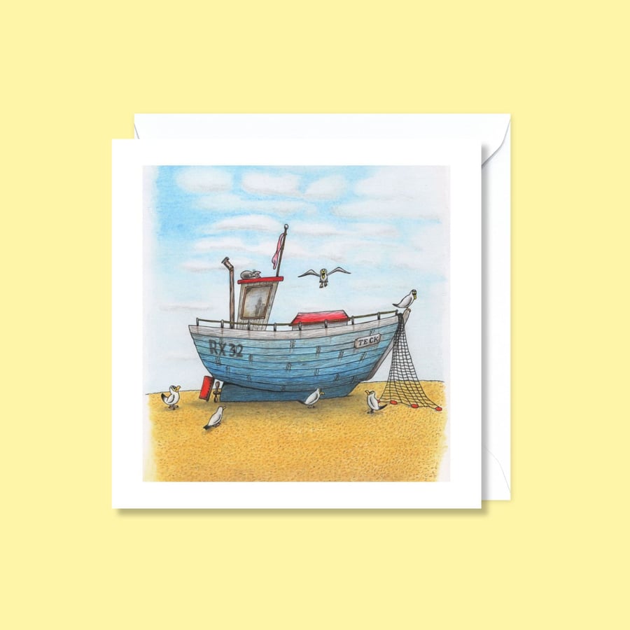 Seaside Fishing Boat Greeting Card: Hand Drawn Beach Life Illustration (809)