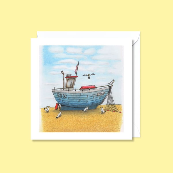 Seaside Fishing Boat Greeting Card: Hand Drawn Beach Life Illustration (809)