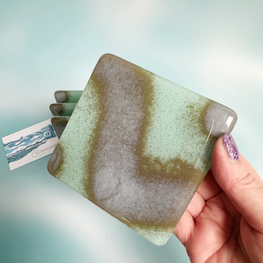 Set of 4 Fused Glass Abstract Coasters-Duck Egg Blue