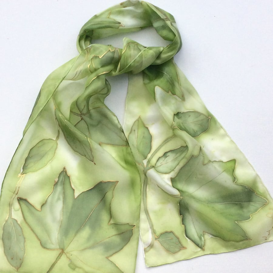 Green Leaves hand  painted silk scarf size  25 x 150cm