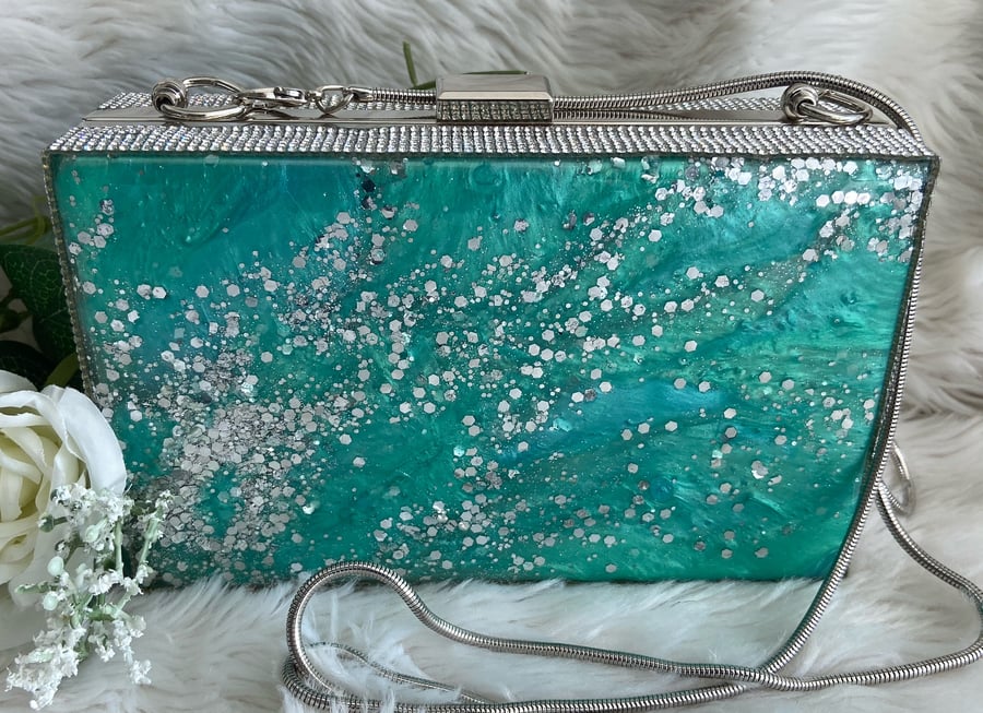 Turquoise blue with silver glitter resin clutch bag 