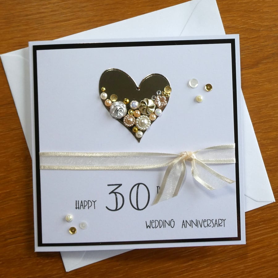 Embellished Heart Pearl Wedding Anniversary Card - 30th Anniversary