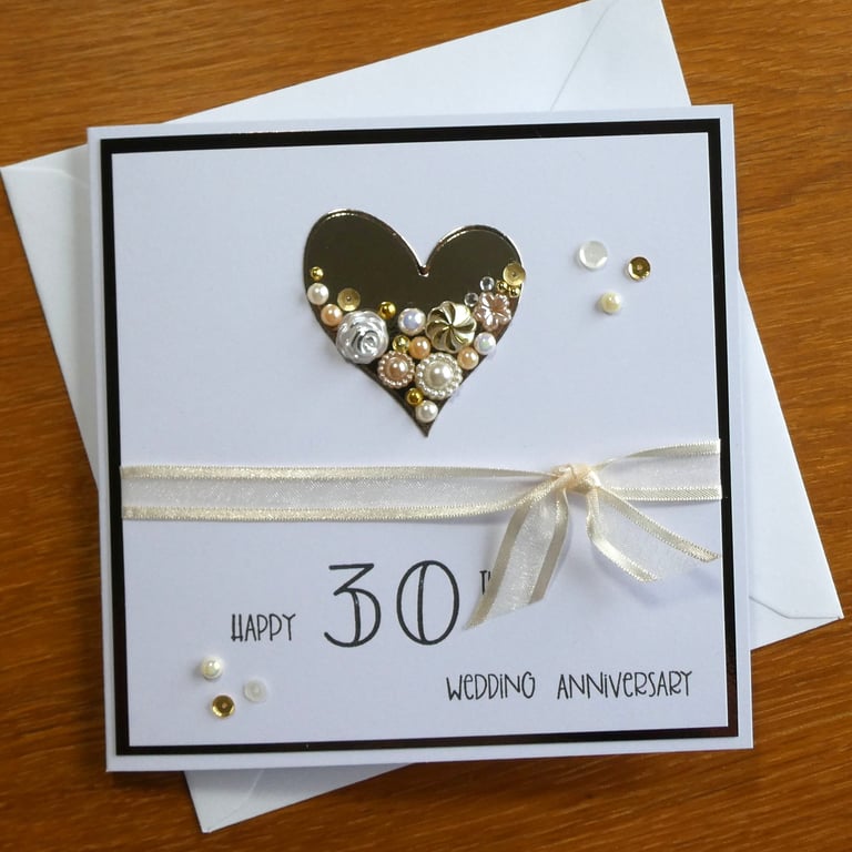 Embellished Heart Pearl Wedding Anniversary Card - 30th Anniversary