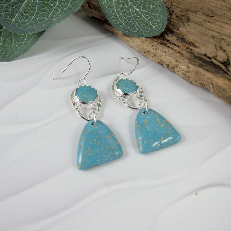 Dropper Earrings, Sterling Silver and Turquoise Polymer Clay with Gold Flecks 