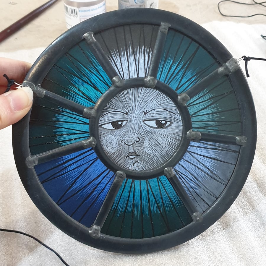 Painted stained glass panel - Little Blue Moon Face