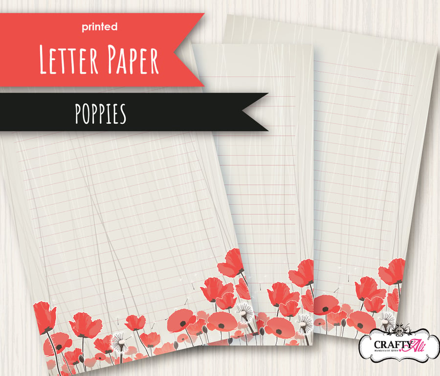 Letter Writing Paper Poppies, pretty floral notepaper, flower stationery