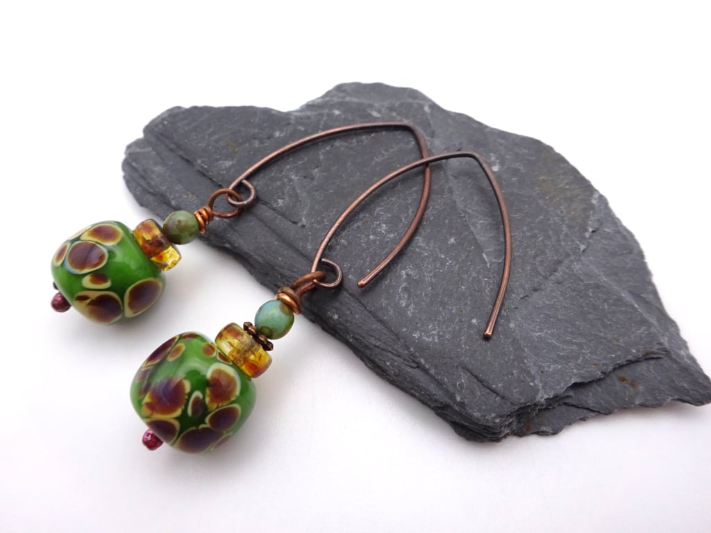 green lampwork glass earrings, copper jewellery
