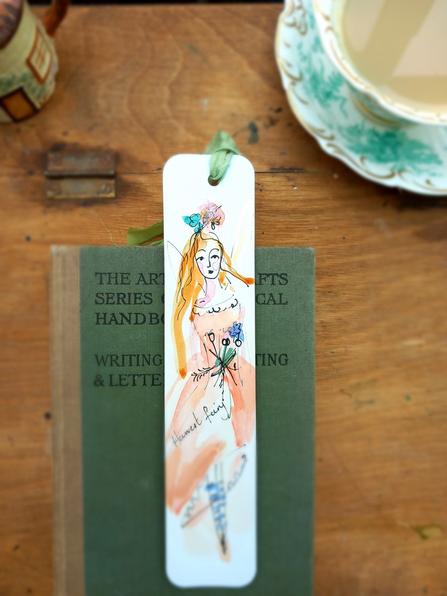 Harvest fairy .Hand drawn and painted bookmark with silk ribbon '