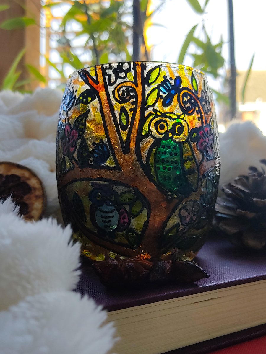 Stained glass effect handmade candleholder for tea light with owls on a tree 