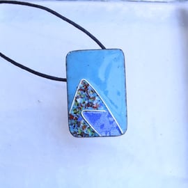 OBLONG, ENAMELLED COPPER PENDANT, DECO DESIGN WITH STERLING SILVER - TURQUOISE B