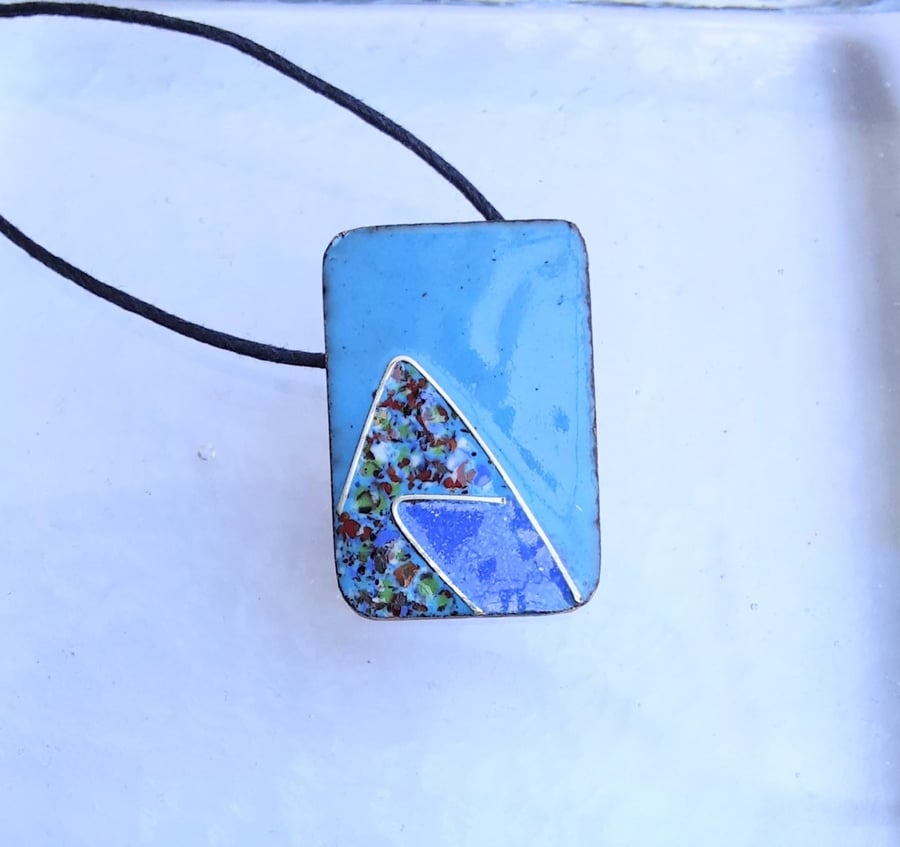 OBLONG, ENAMELLED COPPER PENDANT, DECO DESIGN WITH STERLING SILVER - TURQUOISE B