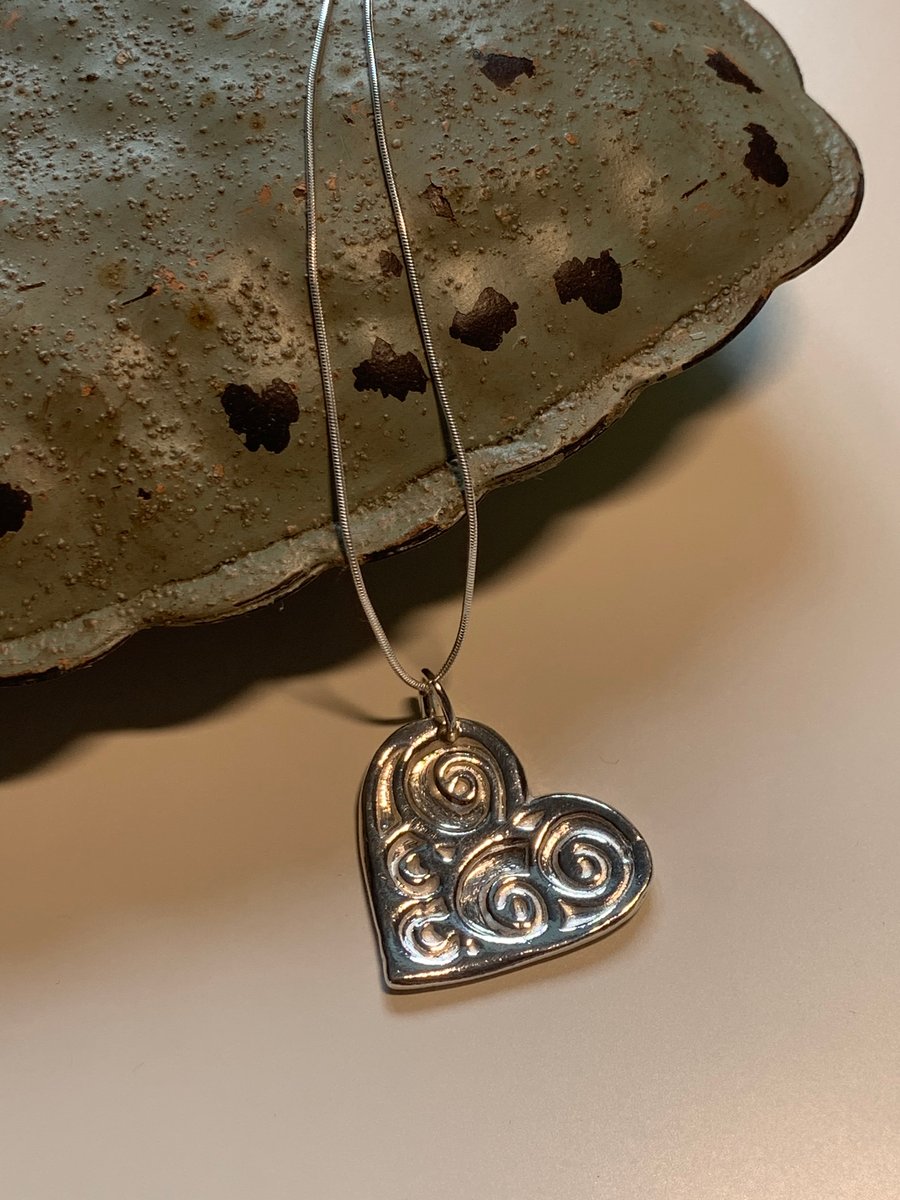 Handmade Fine Silver Heart Pendant -  with 18" chain