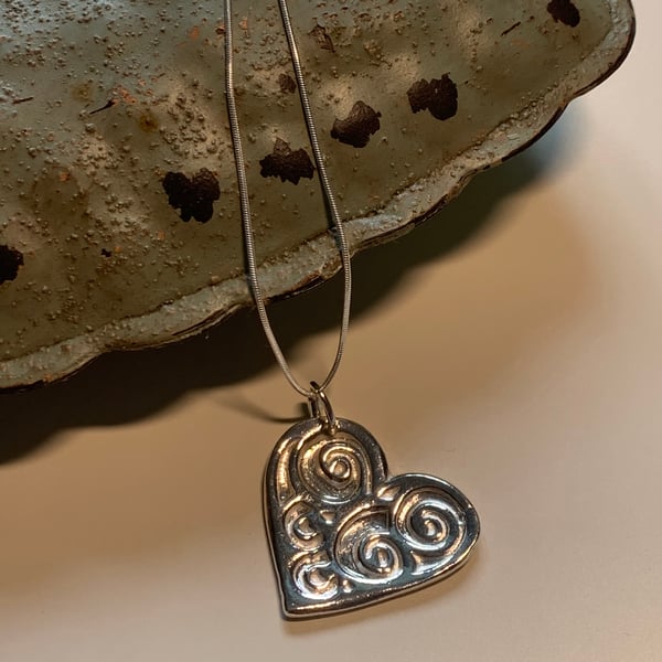 Handmade Fine Silver Heart Pendant -  with 18" chain