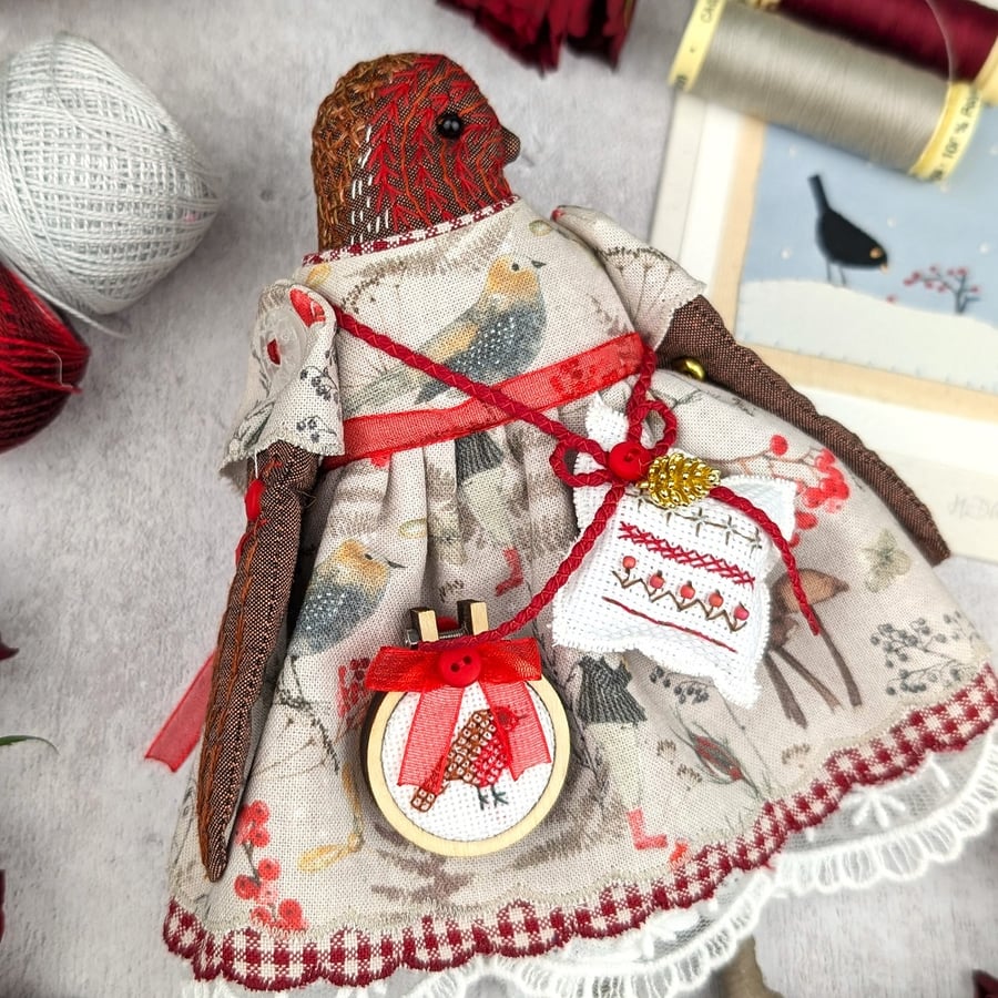 Liesel,  A  Tiny Hand Embroidered Christmas Robin Folk Art Doll