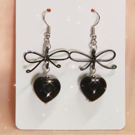 Heart Shape Black Obsidians Ribbon Earrings