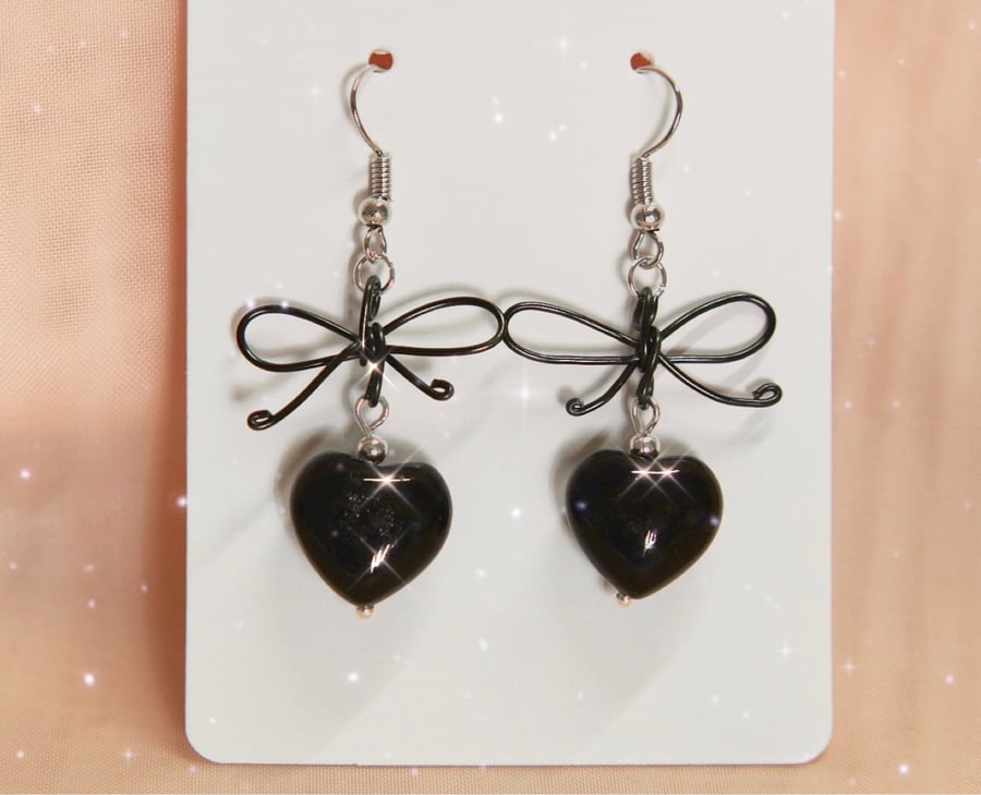 Heart Shape Black Obsidians Ribbon Earrings