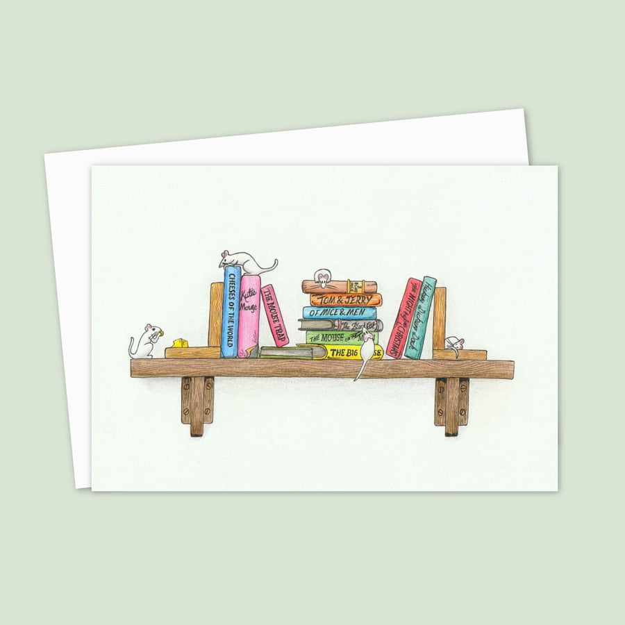 Cute Mice Greeting Card: Cute Mice on a Book Shelf Birthday Card (205)