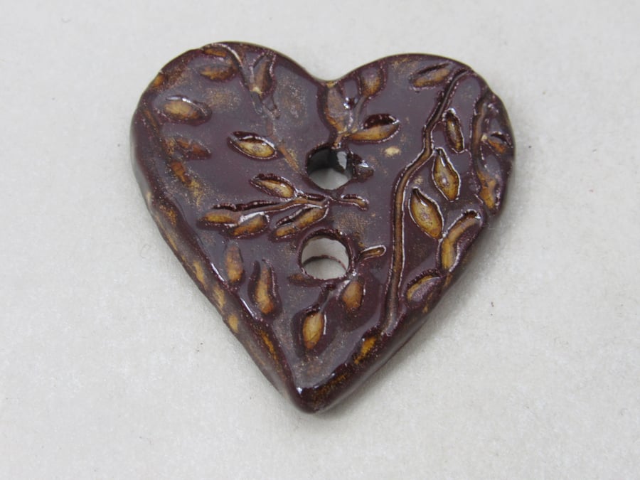 Medium Dark Copper Leaf Sprig Texture Heart Shaped Ceramic Button