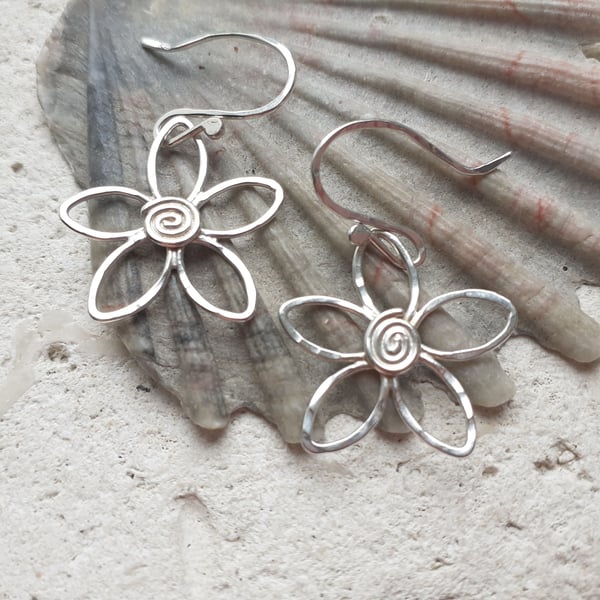 Flower Navette Sterling Silver Hook Earrings