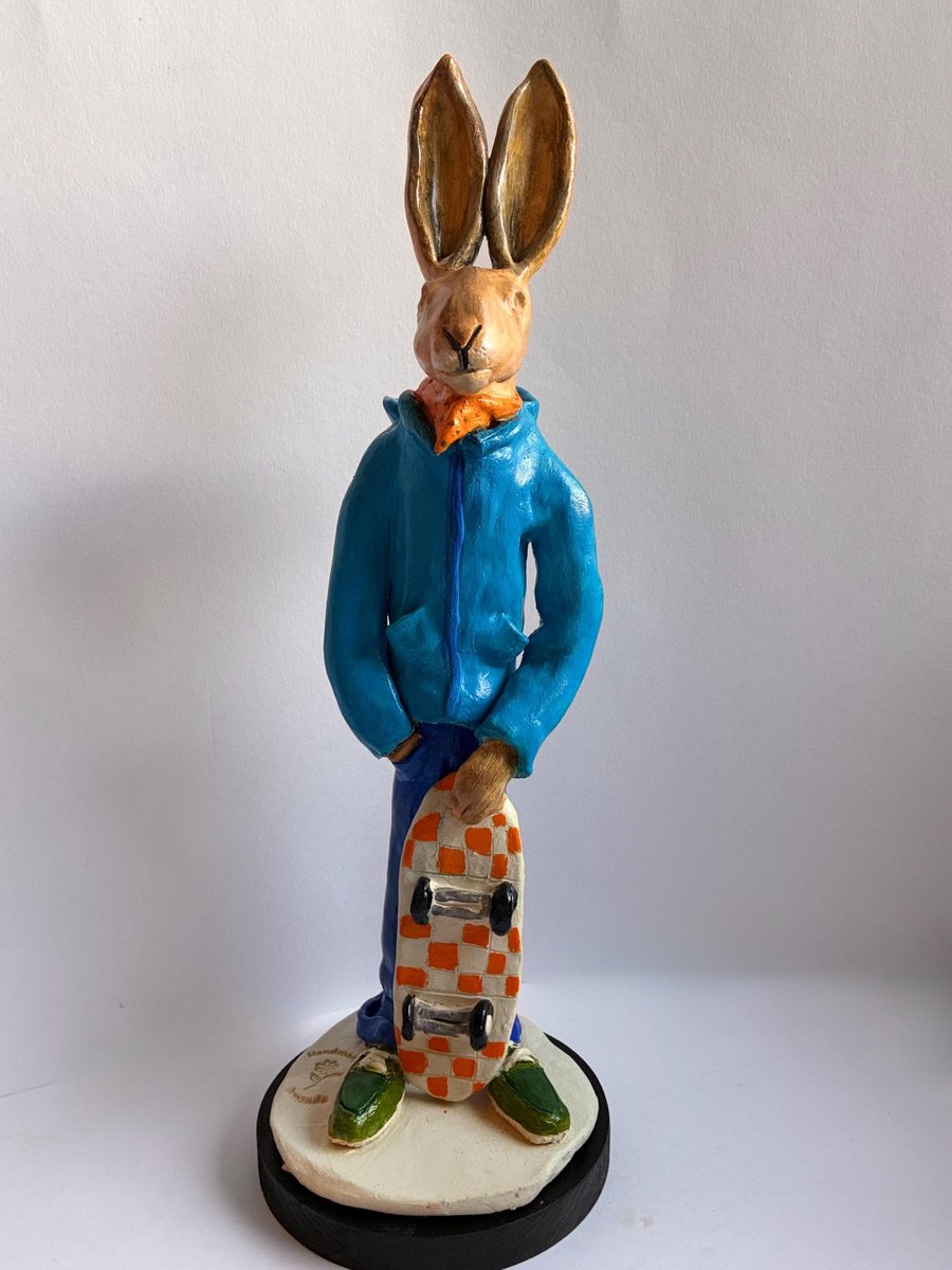 Hand-sculpted Ceramic Skater Hare Whimsical Cottagecore Animal Art Sculpture (35