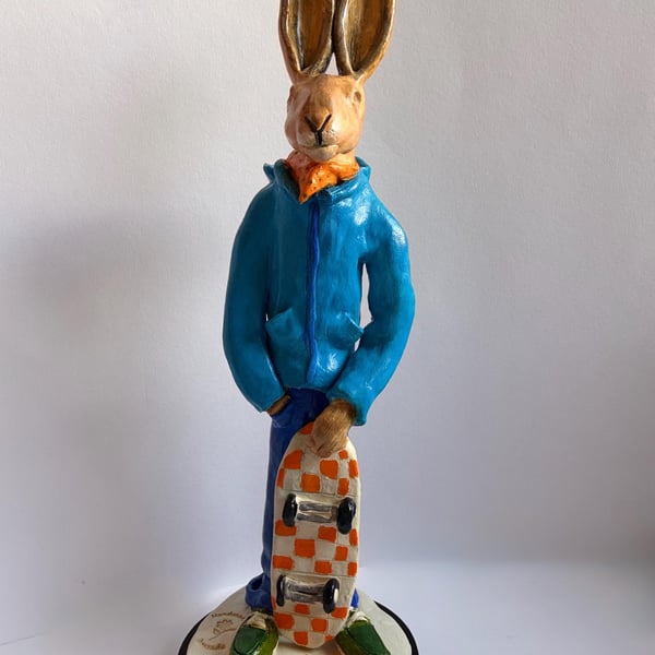 Hand-sculpted Ceramic Skater Hare Whimsical Cottagecore Animal Art Sculpture (35
