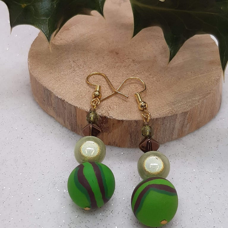 Bright green and chocolate dangly earrings