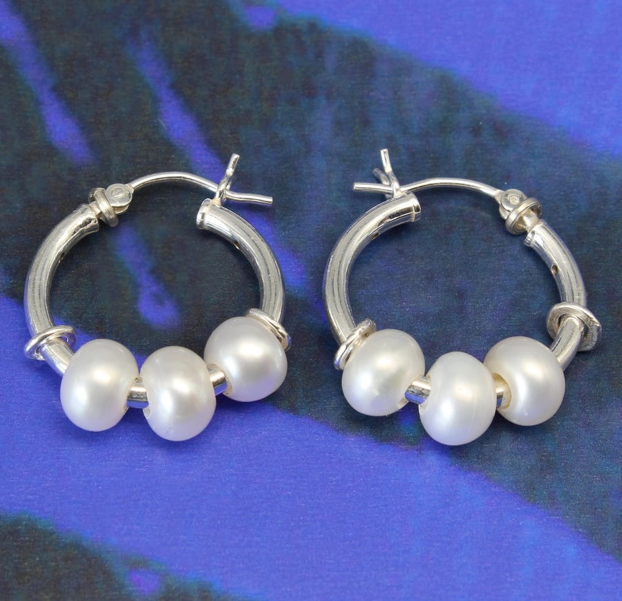 Handmade three stone Freshwater Pearl earring hoops, sterling silver sleepers