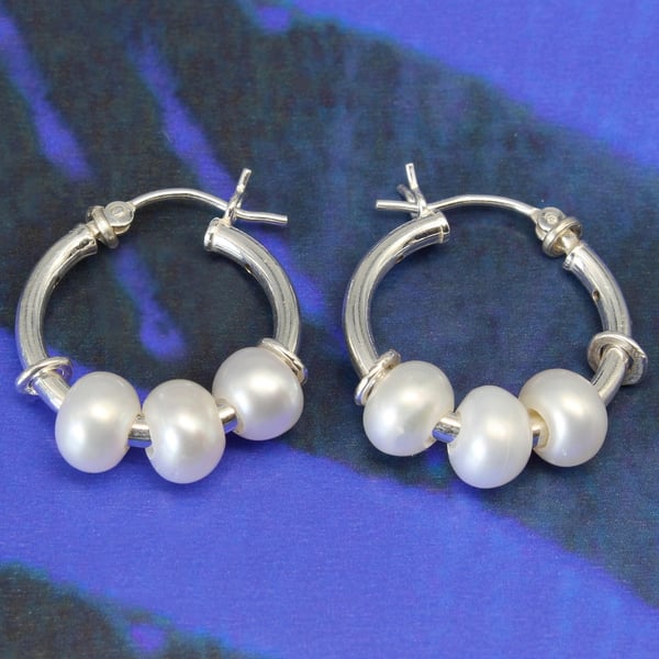 Handmade three stone Freshwater Pearl earring hoops, sterling silver sleepers