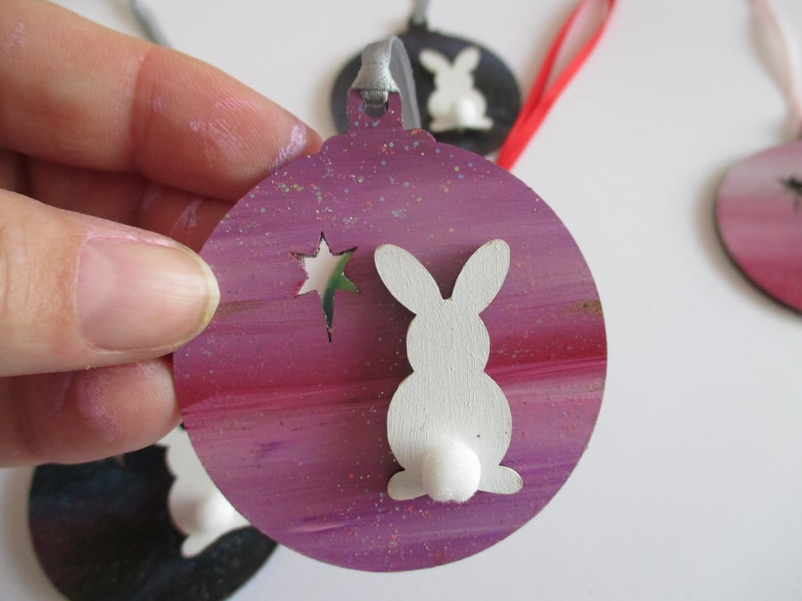 Bunny Rabbit Christmas Tree Bauble Decoration Wood Wooden Pink Hanging