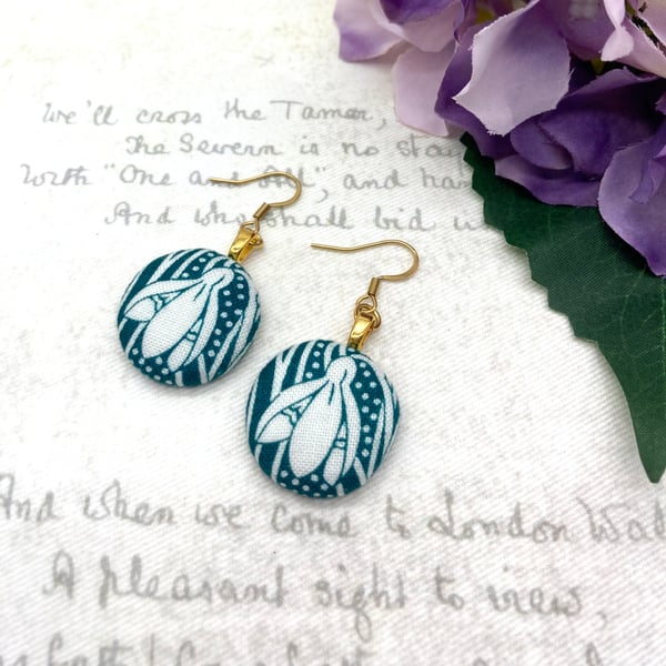 Snowdrop teal and white fabric dangle earrings Liberty print spring gifts
