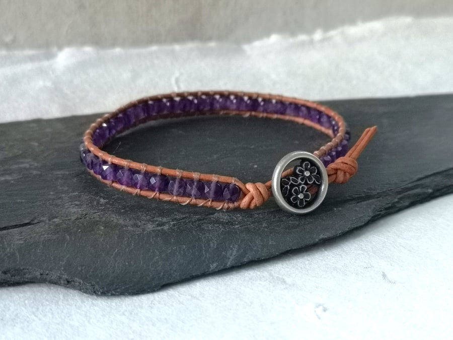 Amethyst semi precious bead and leather bracelet, February birthstone