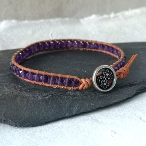 Amethyst semi precious bead and leather bracelet, February birthstone