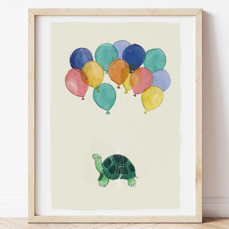 Flying Tortoise with Balloons - Nursery Print