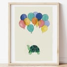 Flying Tortoise with Balloons - Nursery Print