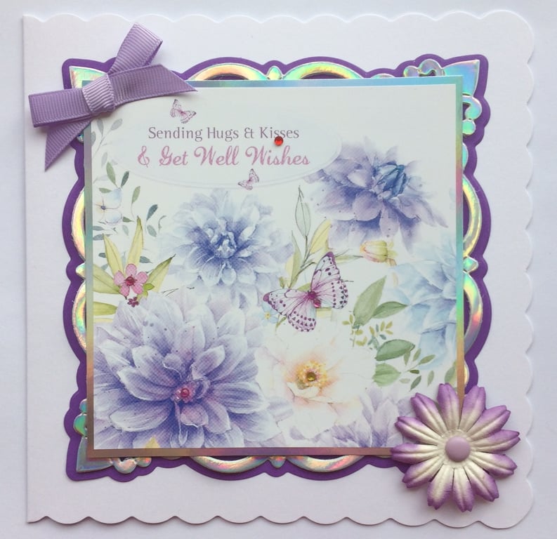 Get Well Card Sending Hugs & Kisses & Get Well Wishes 3D Luxury Handmade Card